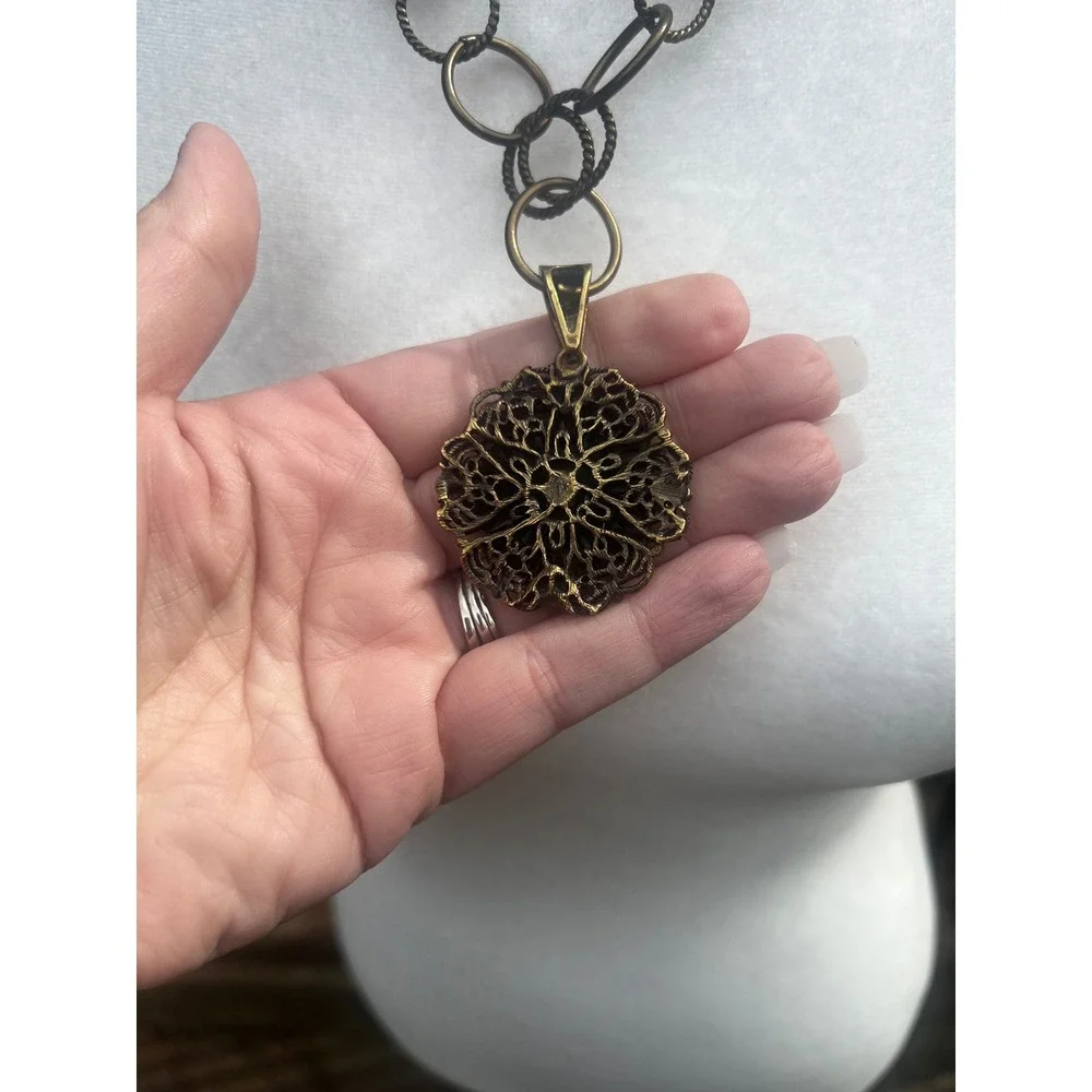 Art Deco Style Antique‎ Brass Amber Glass Filigree Medallion Necklace